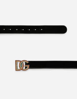 Polished calfskin belt with crystal DG logo