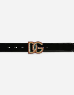 Polished calfskin belt with crystal DG logo