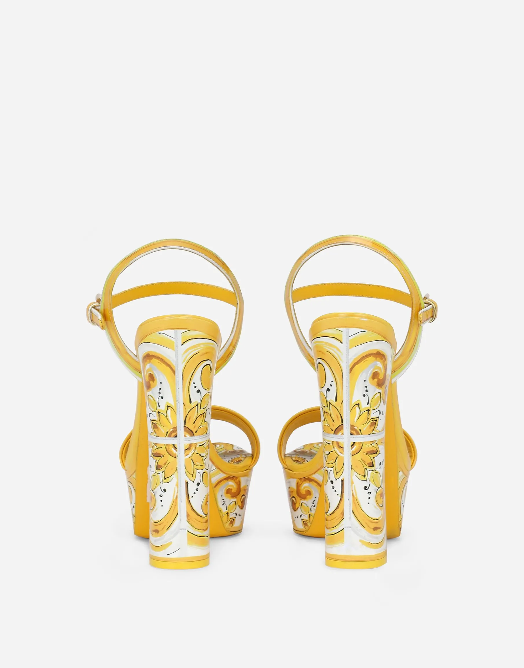 Polished calfskin platform sandals with majolica print