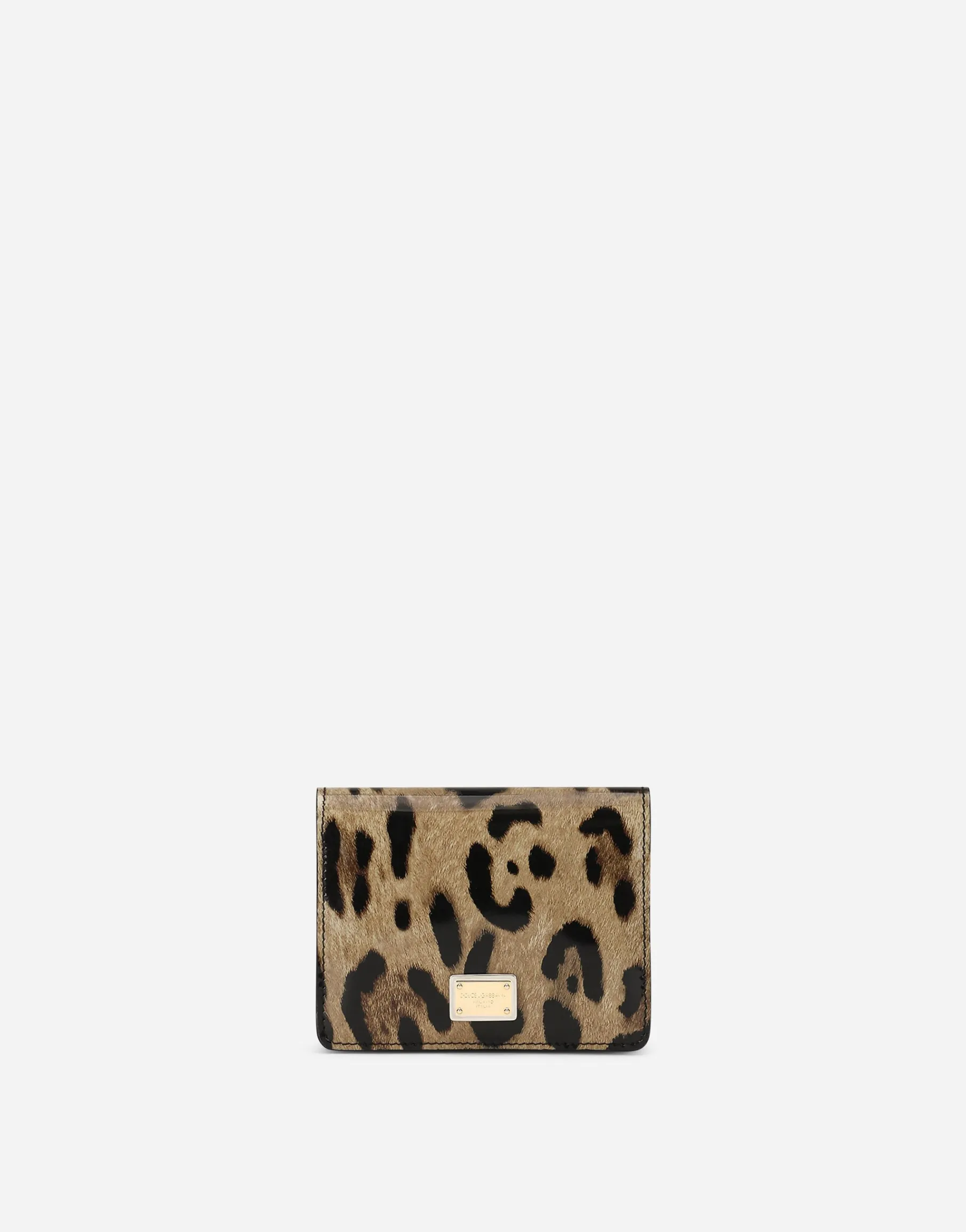 Polished calfskin wallet with leopard print
