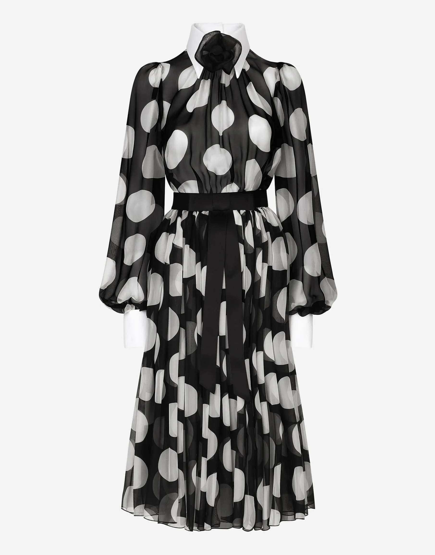 Polka-dot chiffon calf-length dress with piqué details