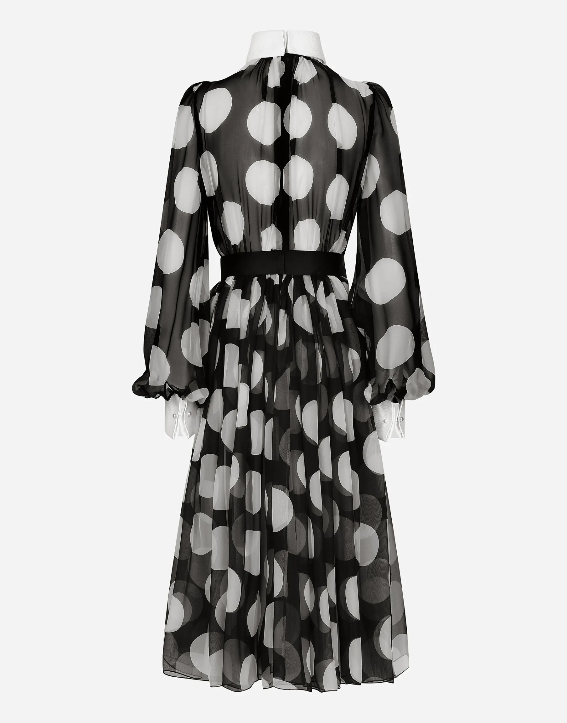 Polka-dot chiffon calf-length dress with piqué details