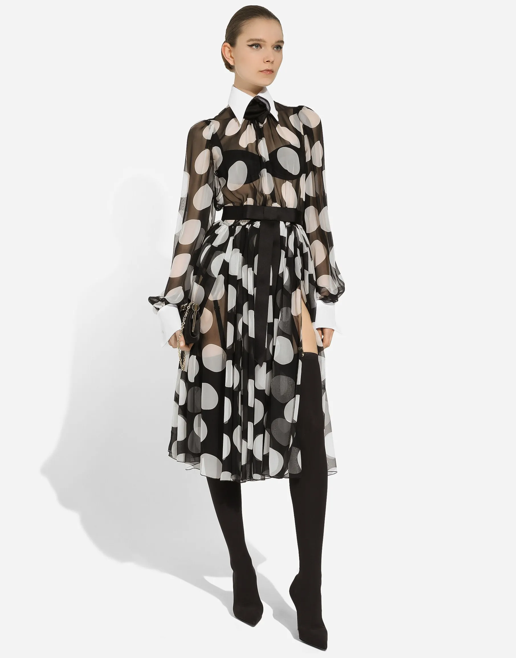 Polka-dot chiffon calf-length dress with piqué details