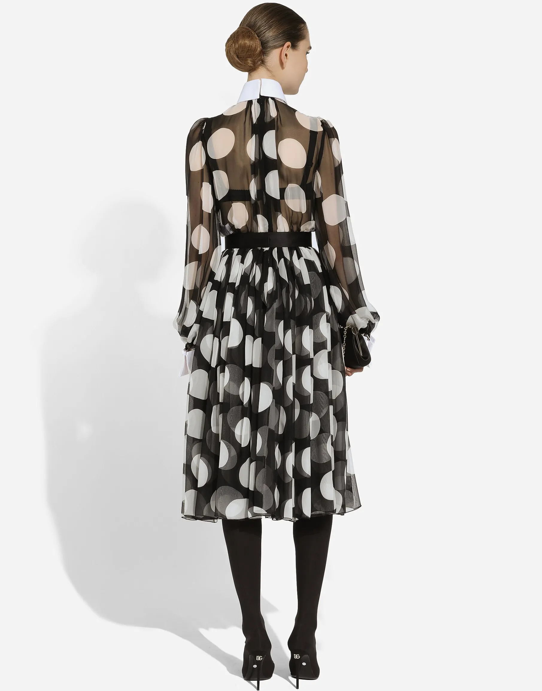 Polka-dot chiffon calf-length dress with piqué details
