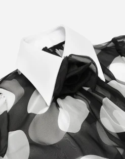Polka-dot chiffon calf-length dress with piqué details
