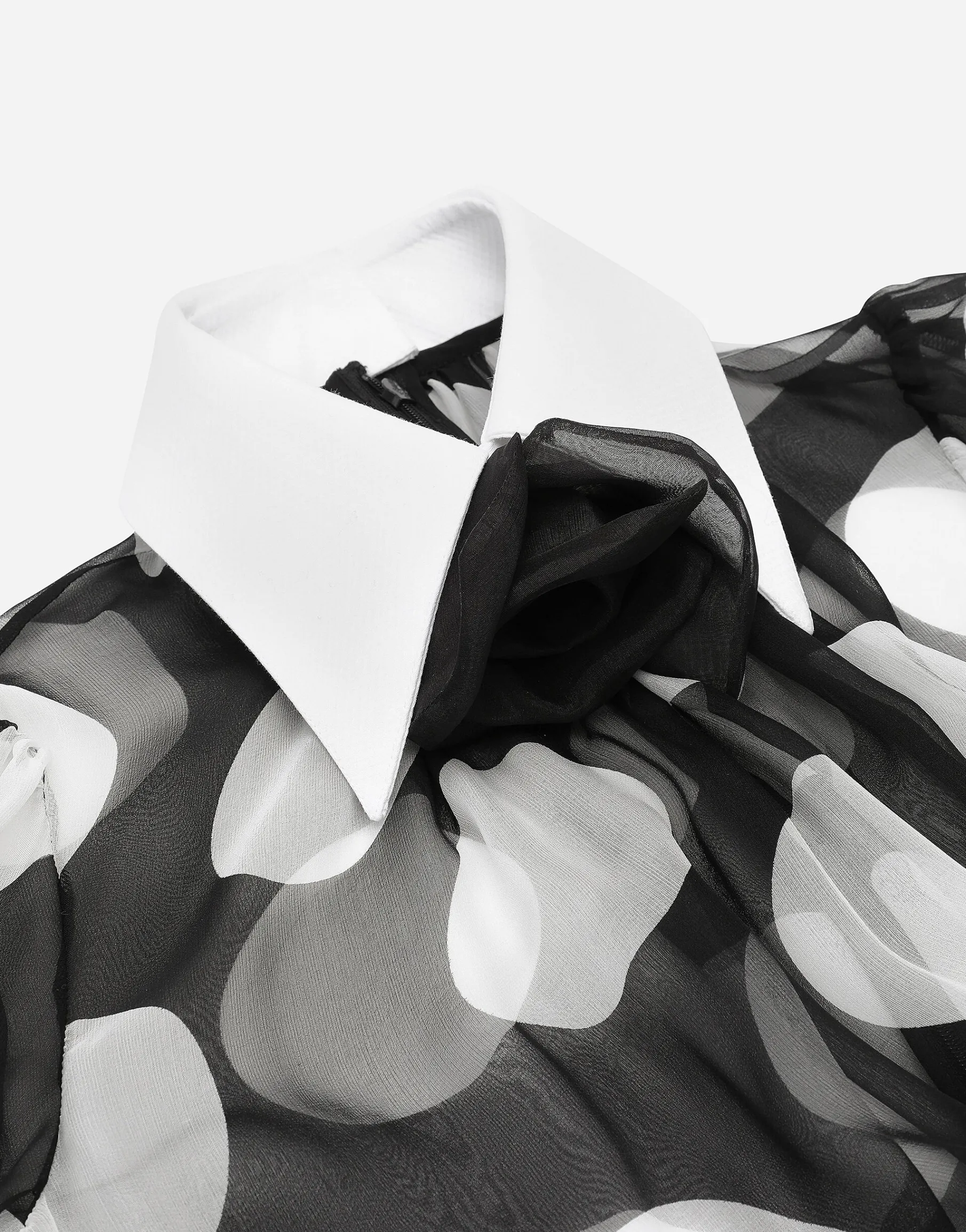 Polka-dot chiffon calf-length dress with piqué details