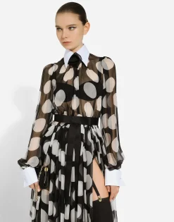 Polka-dot chiffon calf-length dress with piqué details