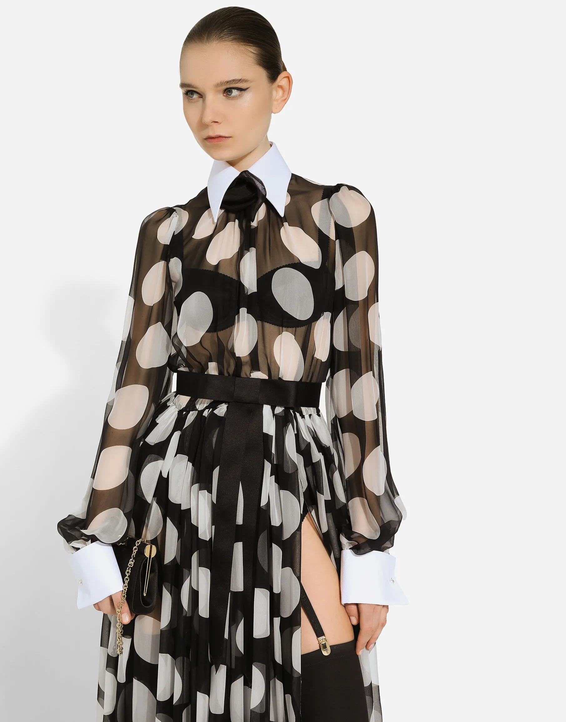Polka-dot chiffon calf-length dress with piqué details