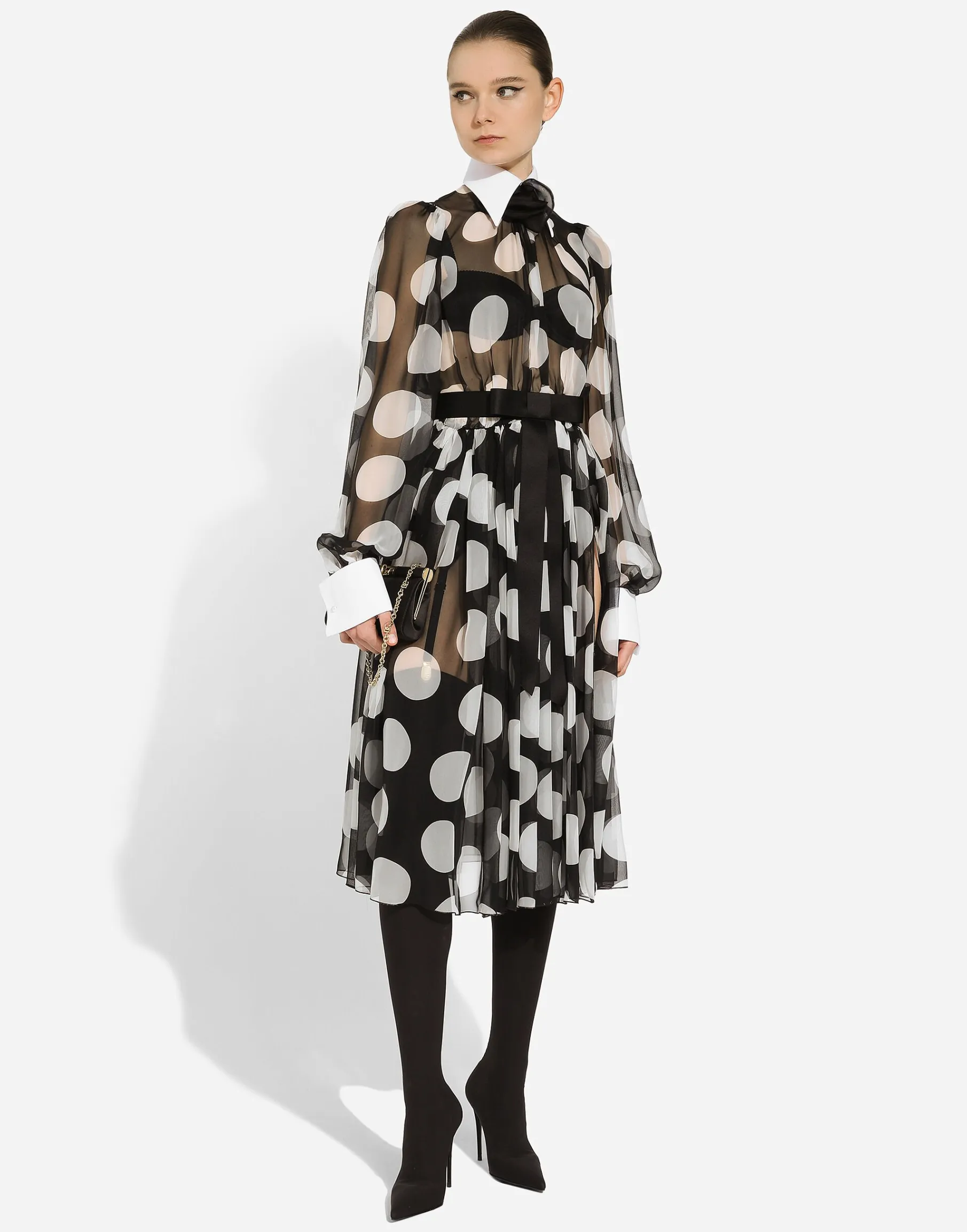 Polka-dot chiffon calf-length dress with piqué details