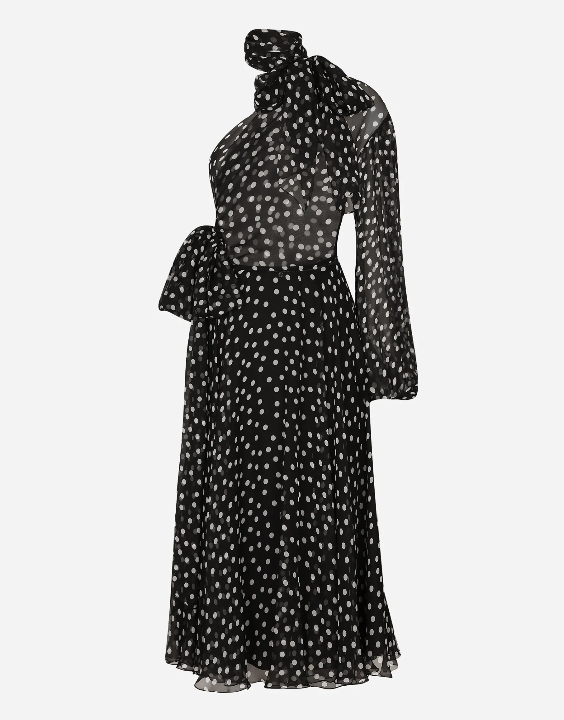 Polka-dot one-shoulder chiffon dress