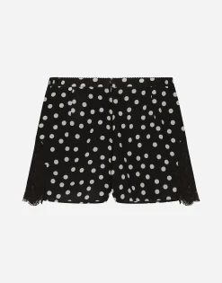 Polka-dot silk lingerie shorts with lace detailing