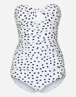 Polka-dot strapless one-piece swimsuit