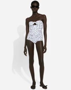 Polka-dot strapless one-piece swimsuit