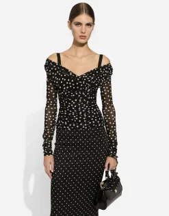 Polka-dot tulle top with wrap-front neckline