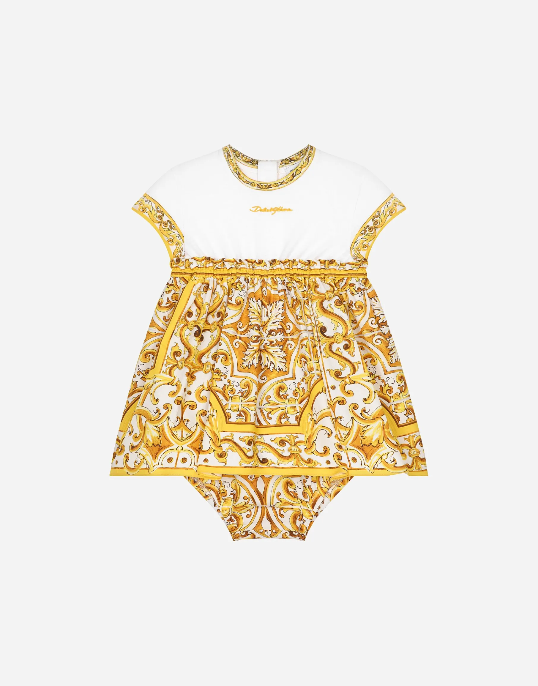 Poplin and jersey dress with yellow majolica print