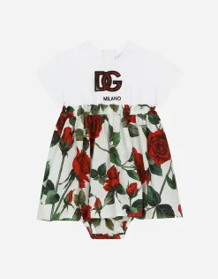 Poplin and jersey dress with red rose print
