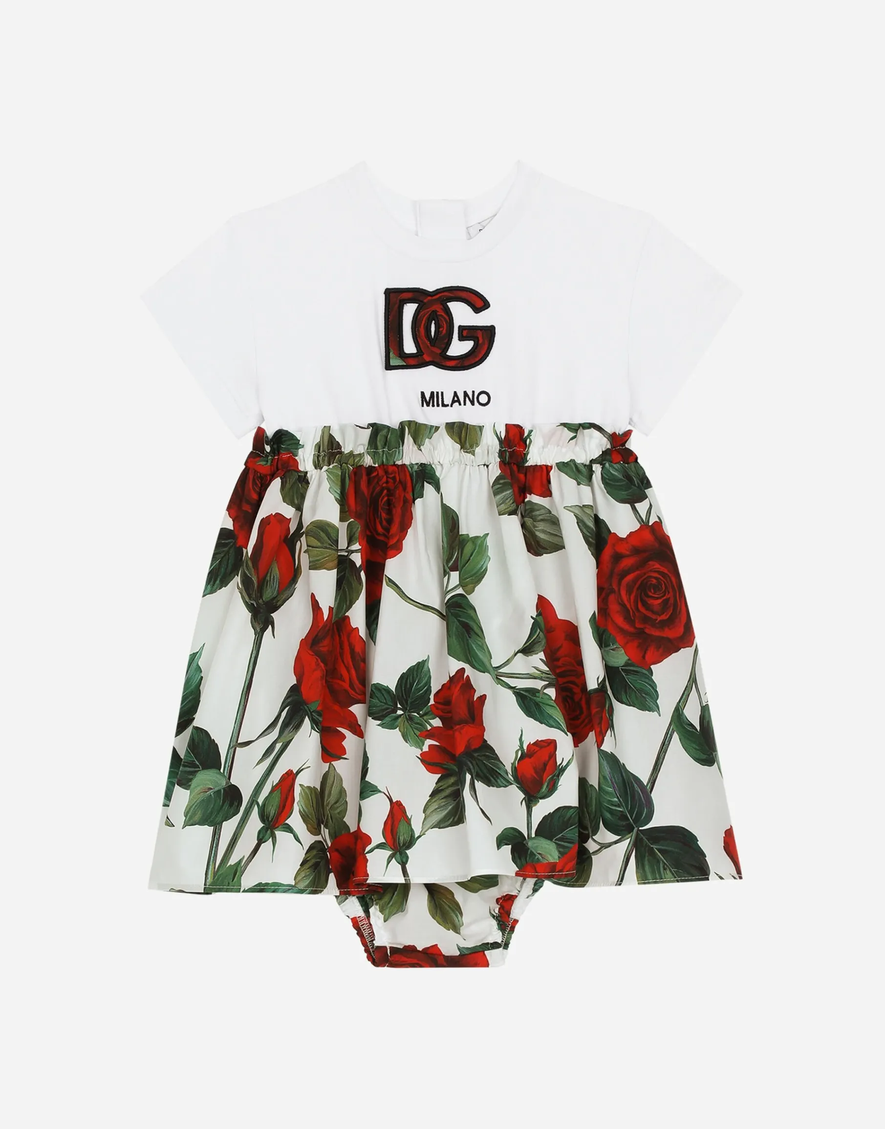 Poplin and jersey dress with red rose print