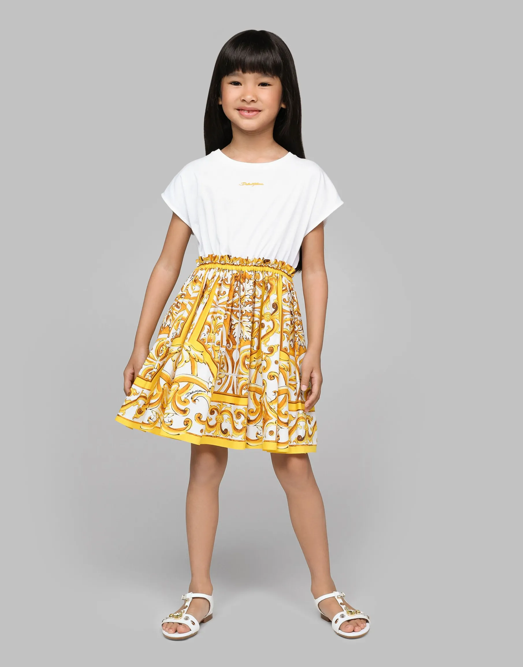 Poplin and jersey dress with yellow majolica print