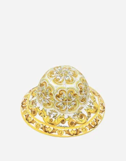 Poplin bucket hat with yellow majolica print
