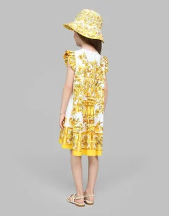 Poplin bucket hat with yellow majolica print