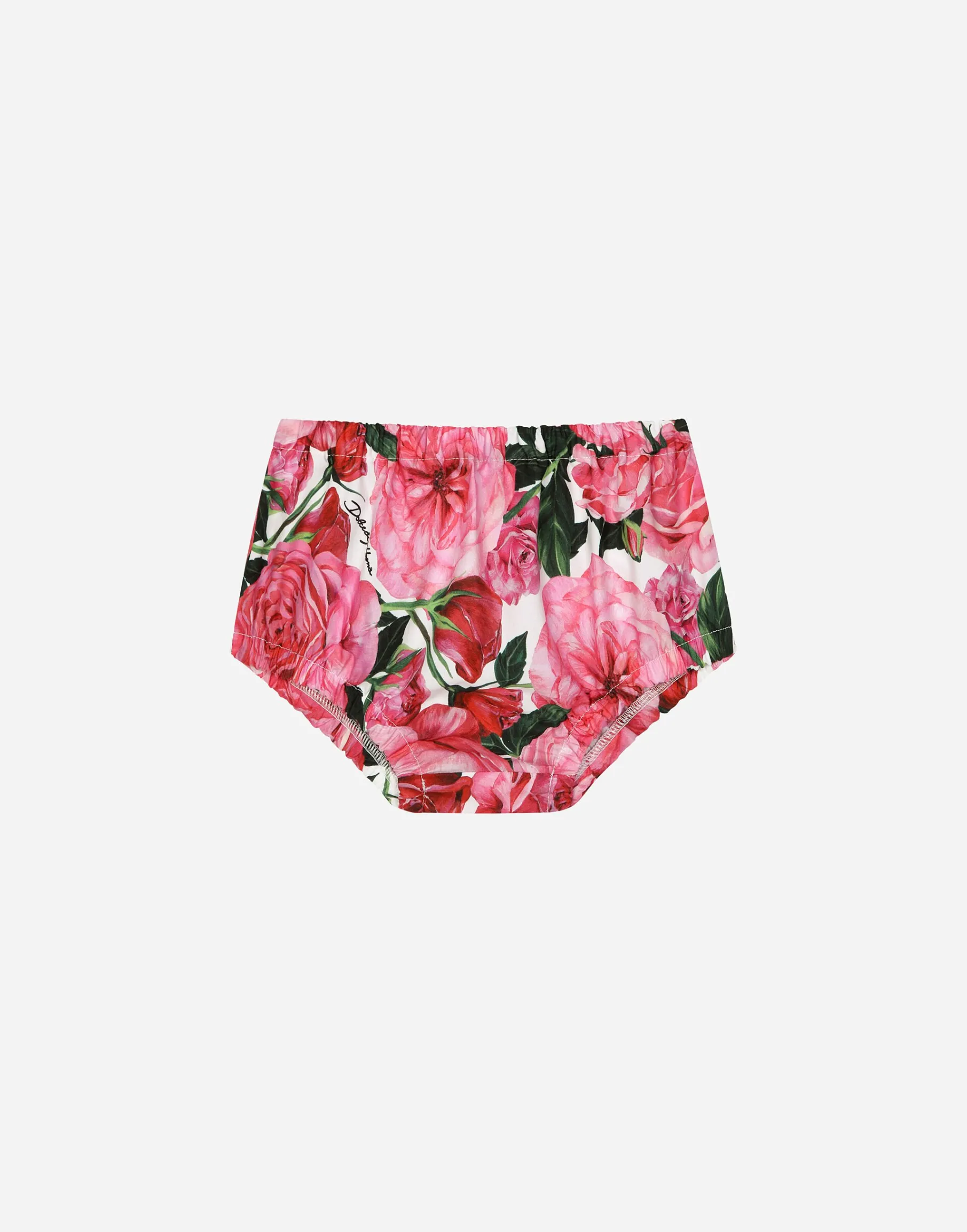 Poplin dress with rose print over a white background