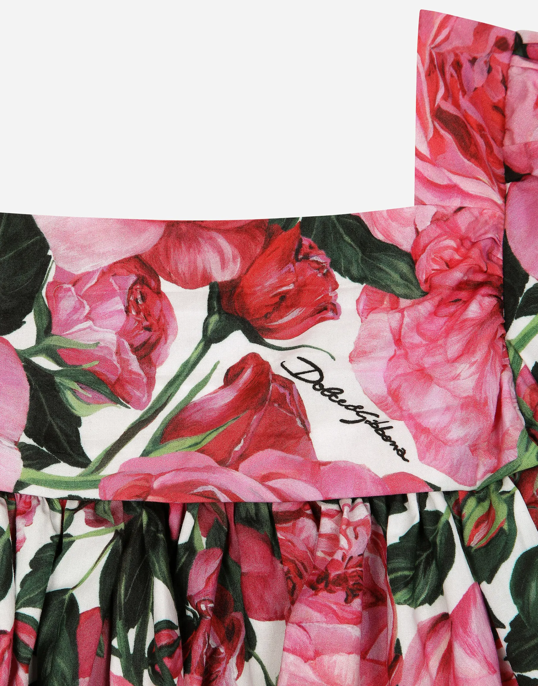 Poplin dress with rose print over a white background