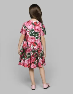 Poplin dress with rose print over a white background