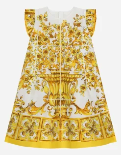 Poplin dress with yellow majolica print