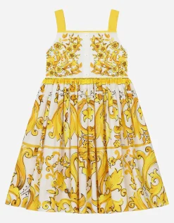 Poplin dress with yellow majolica print