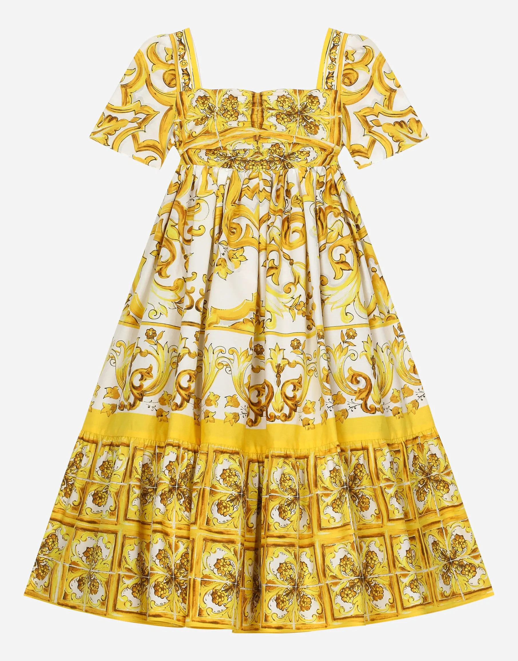 Poplin dress with yellow majolica print