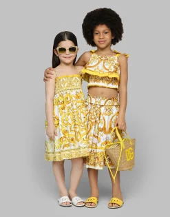 Poplin dress with yellow majolica print