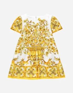 Poplin dress with yellow majolica print