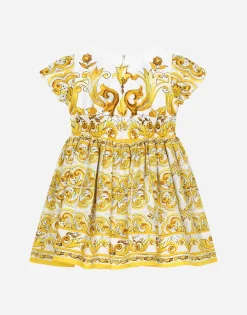 Poplin dress with yellow majolica print