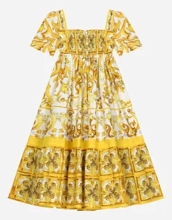 Poplin dress with yellow majolica print