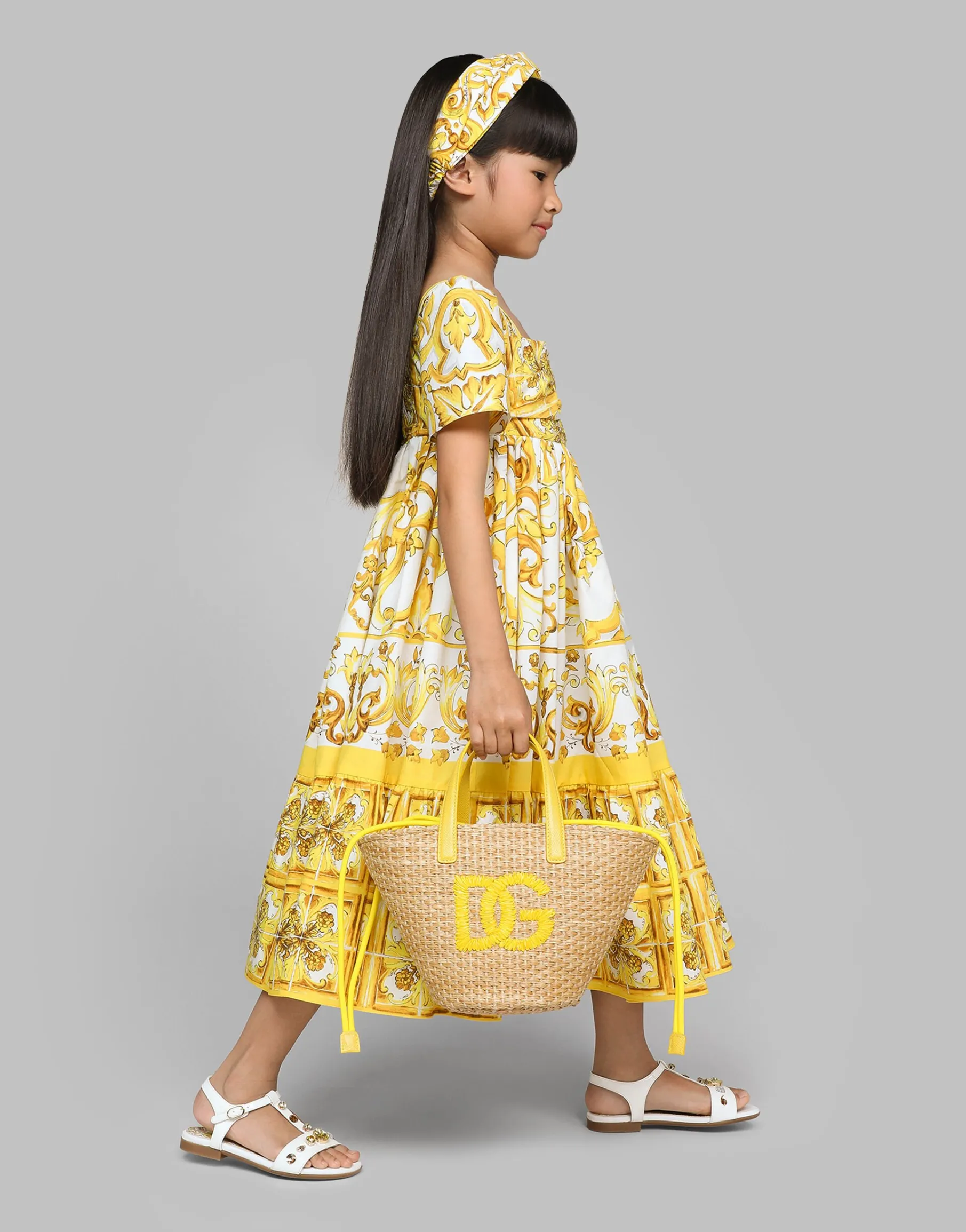 Poplin dress with yellow majolica print