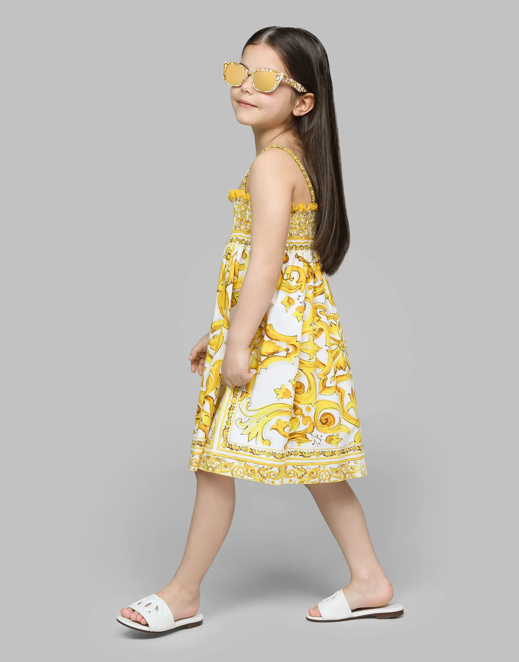 Poplin dress with yellow majolica print