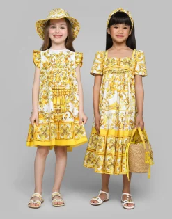 Poplin dress with yellow majolica print