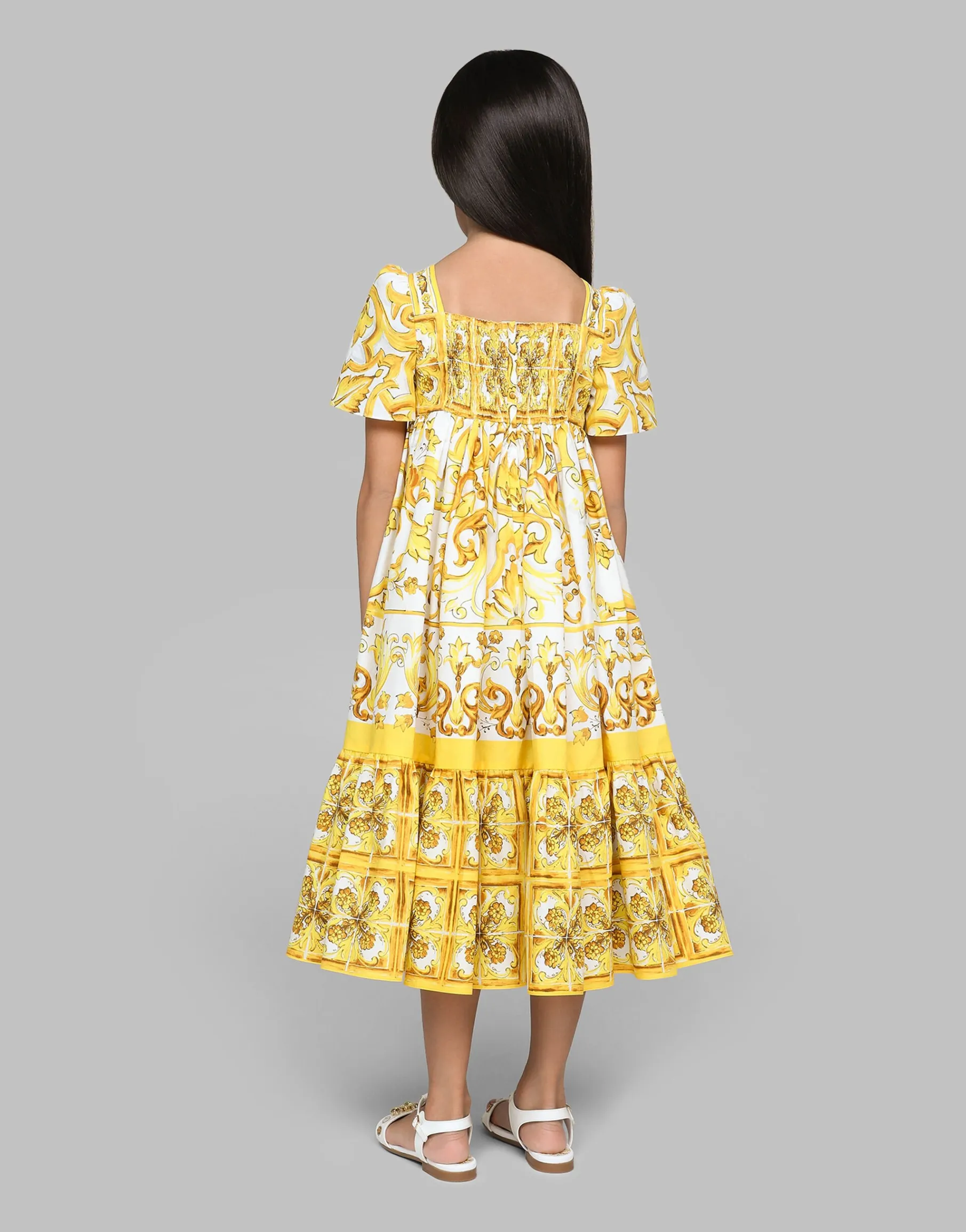 Poplin dress with yellow majolica print