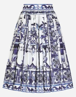 Poplin midi skirt with majolica print