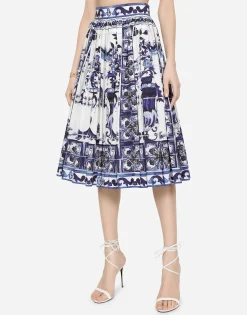Poplin midi skirt with majolica print