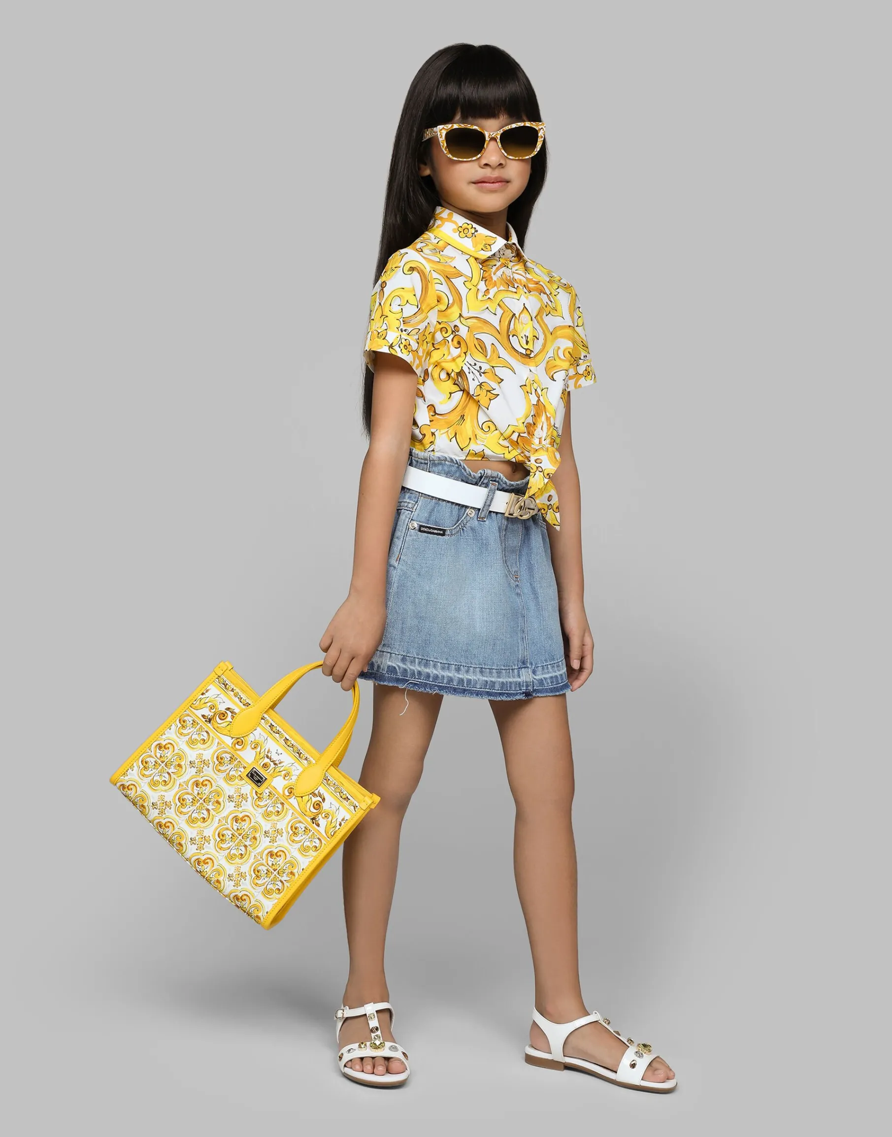 Poplin shirt with yellow majolica print