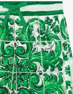 Poplin shorts with green majolica print