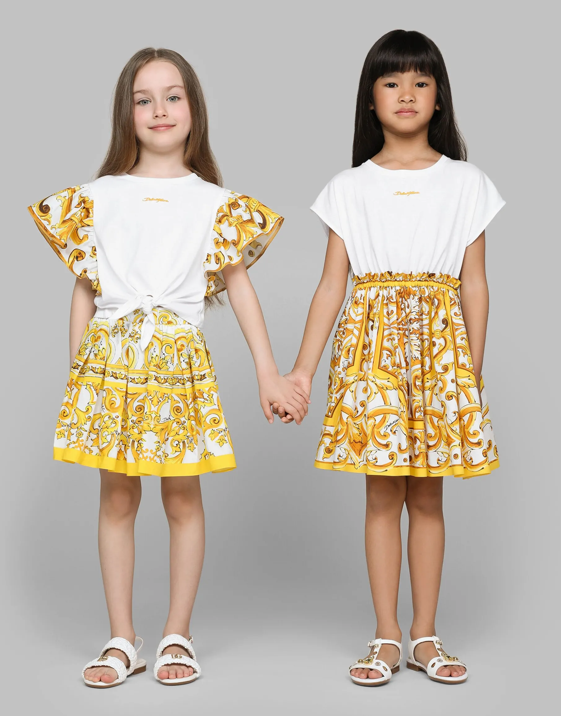 Poplin skirt with yellow majolica print