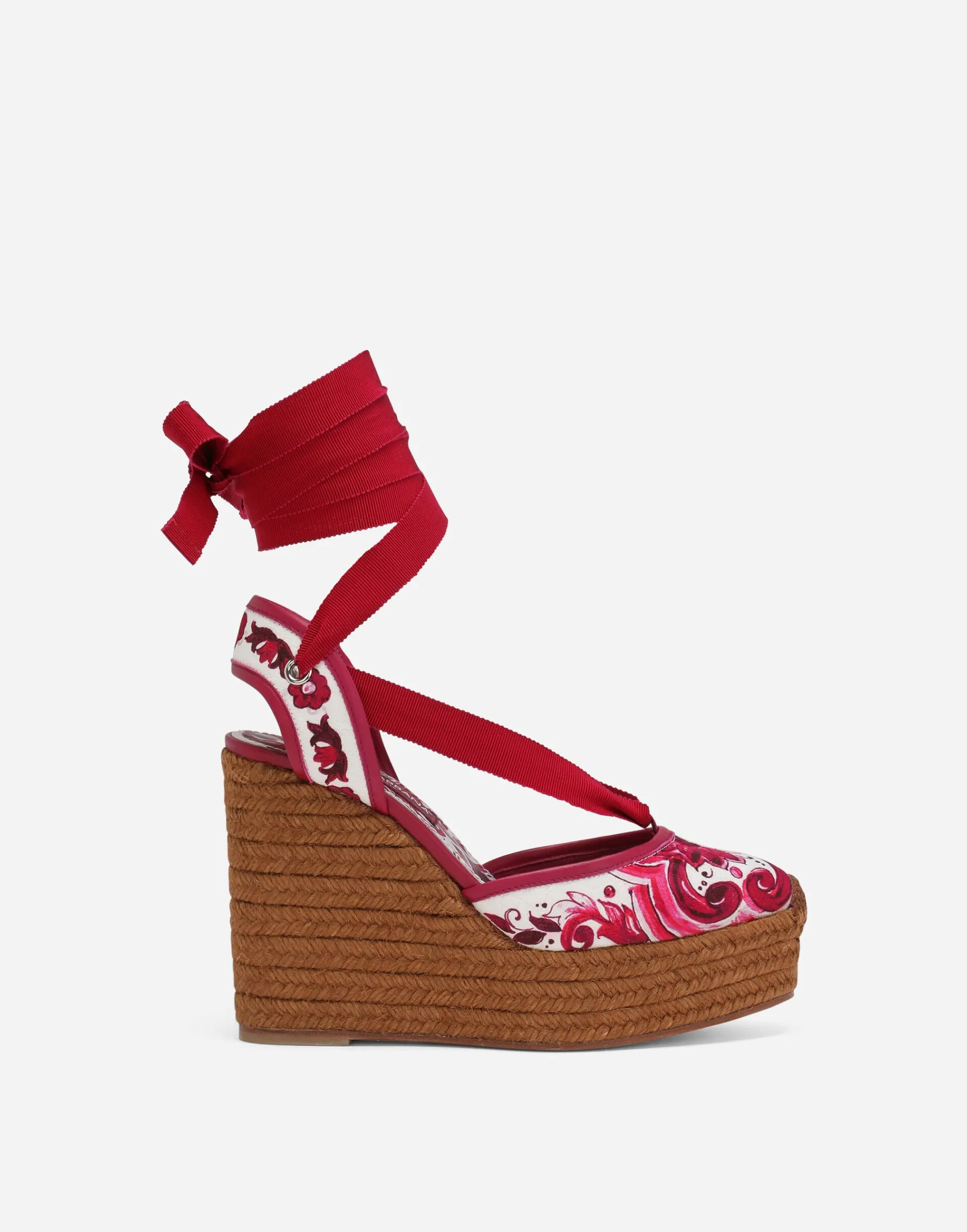 Printed brocade fabric wedge sandals
