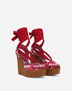 Printed brocade fabric wedge sandals