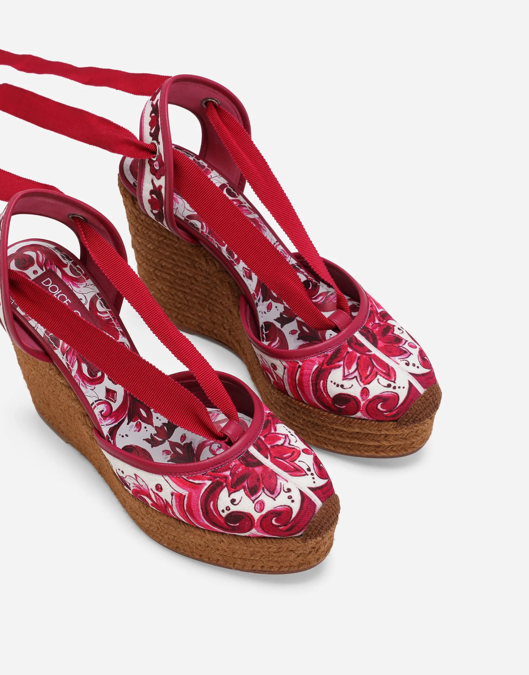 Printed brocade fabric wedge sandals