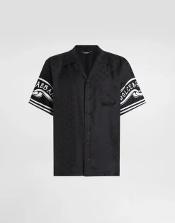 Printed silk and denim shirt