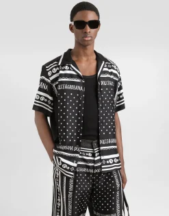 Printed silk and denim shirt