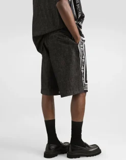 Printed silk and denim shorts