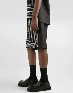 Printed silk and denim shorts